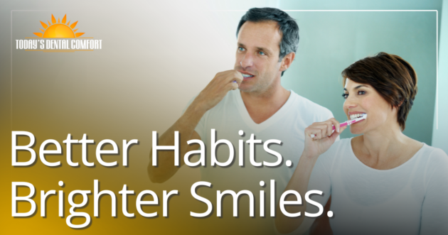 Better Habits. Brighter Smiles. Woman and man brushing teeth